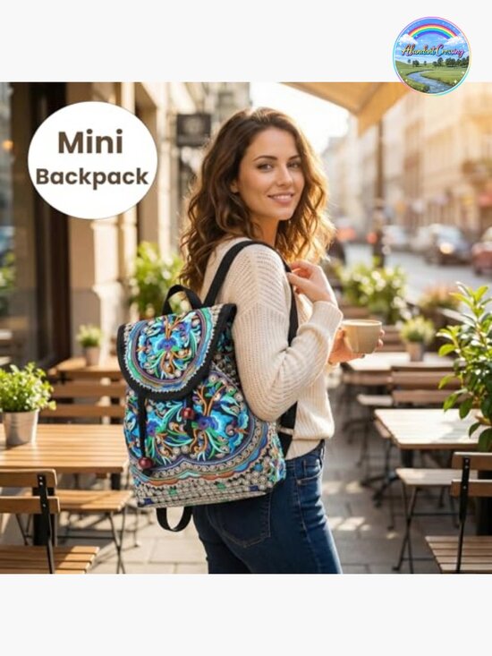Vintage Embroidered Boho Backpack Purse - Lightweight Canvas Mini Backpack for